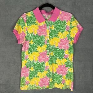 Lilly Pulitzer Polo Shirt Womens Large Pink Lion Floral Short Sleeve Preppy Golf